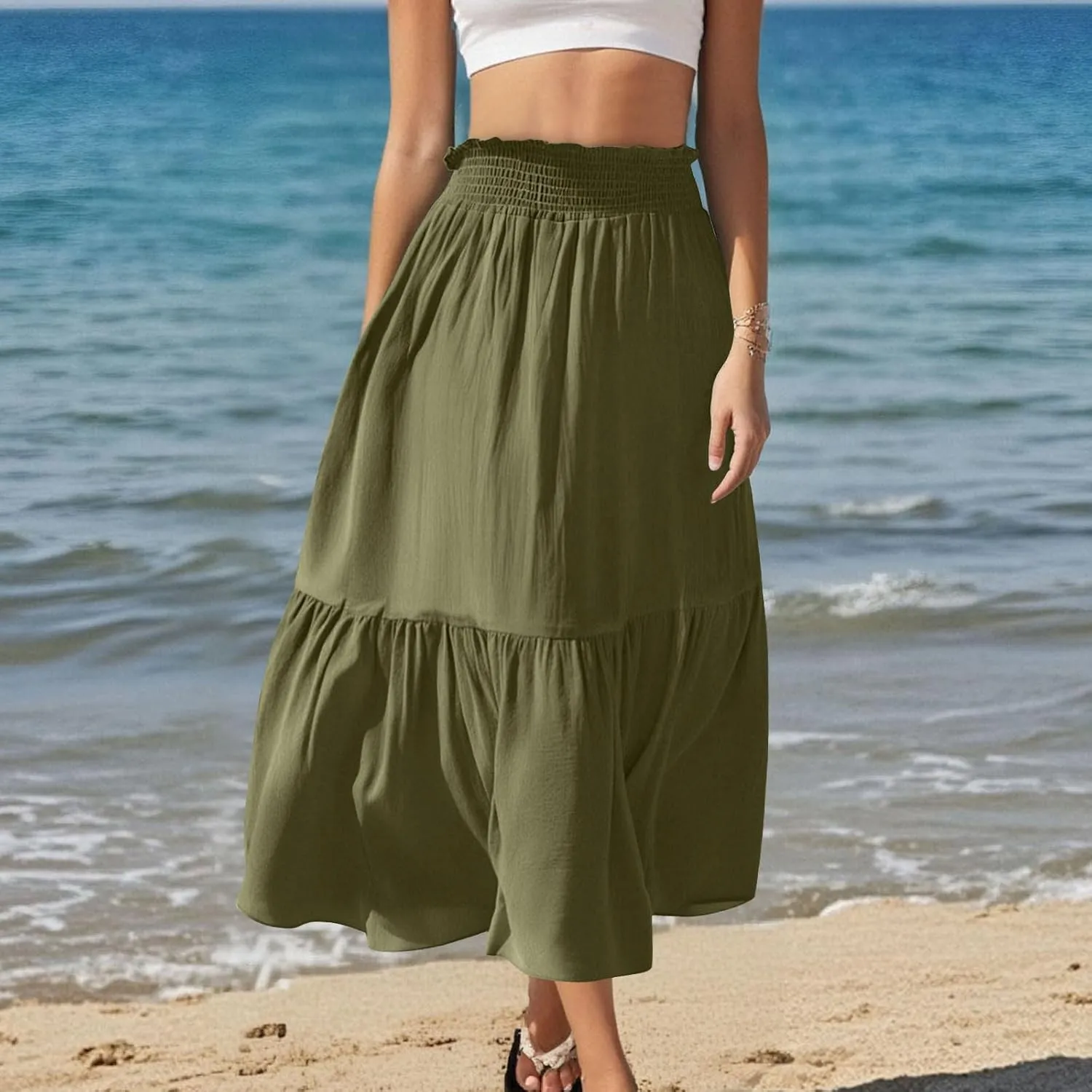 HGps8w Women's Summer Smocked Maxi Boho Skirt Elegant Ruffle Elastic High Waist Tiered A-Line Flowy Long Beach Skirts