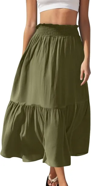 HGps8w Women's Summer Smocked Maxi Boho Skirt Elegant Ruffle Elastic High Waist Tiered A-Line Flowy Long Beach Skirts