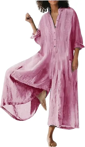 HGps8w Women's Wide Leg Linen Jumpsuits 2025 Fall Long Sleeve Button Front Plus Size Casual Solid Rompers with Pockets