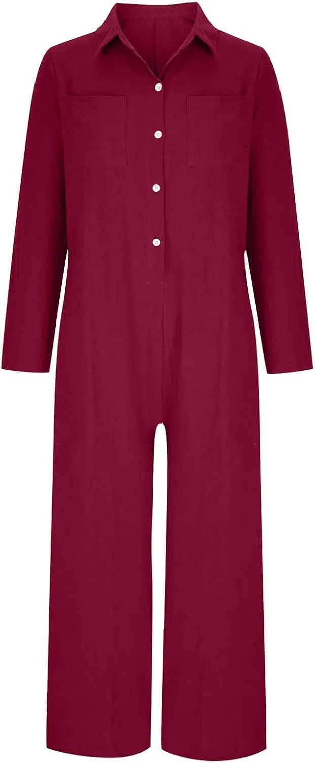 HGps8w Women's Wide Leg Linen Jumpsuits 2025 Fall Long Sleeve Button Front Plus Size Casual Solid Rompers with Pockets