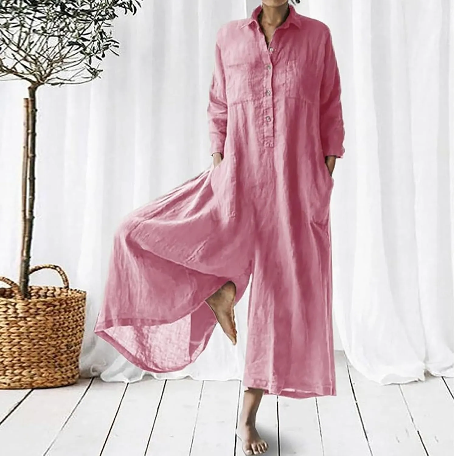 HGps8w Women's Wide Leg Linen Jumpsuits 2025 Fall Long Sleeve Button Front Plus Size Casual Solid Rompers with Pockets