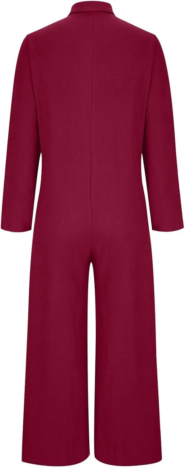 HGps8w Women's Wide Leg Linen Jumpsuits 2025 Fall Long Sleeve Button Front Plus Size Casual Solid Rompers with Pockets