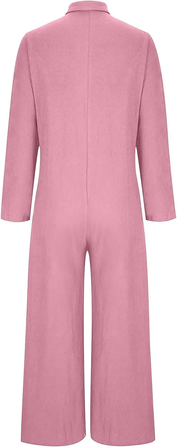 HGps8w Women's Wide Leg Linen Jumpsuits 2025 Fall Long Sleeve Button Front Plus Size Casual Solid Rompers with Pockets