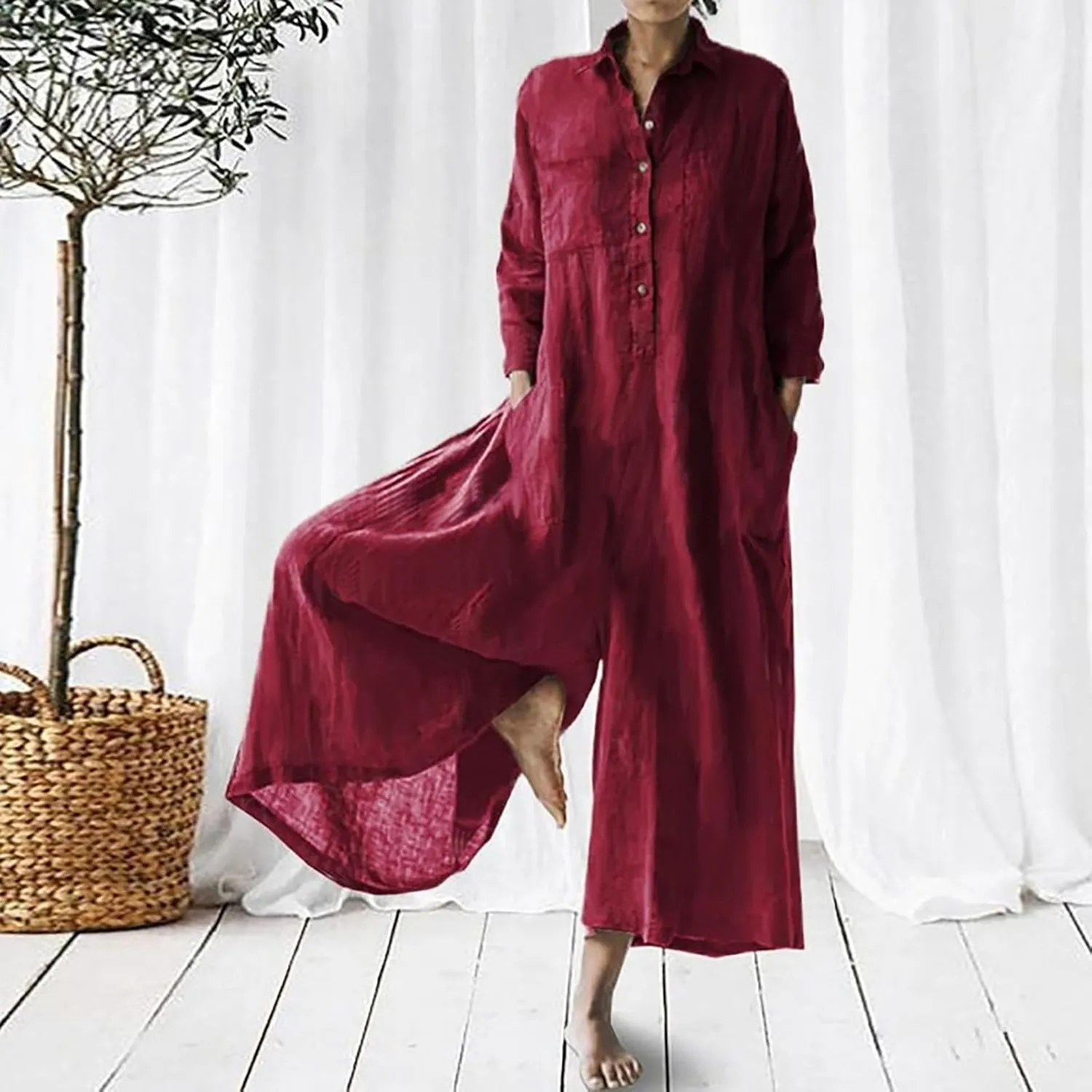 HGps8w Women's Wide Leg Linen Jumpsuits 2025 Fall Long Sleeve Button Front Plus Size Casual Solid Rompers with Pockets