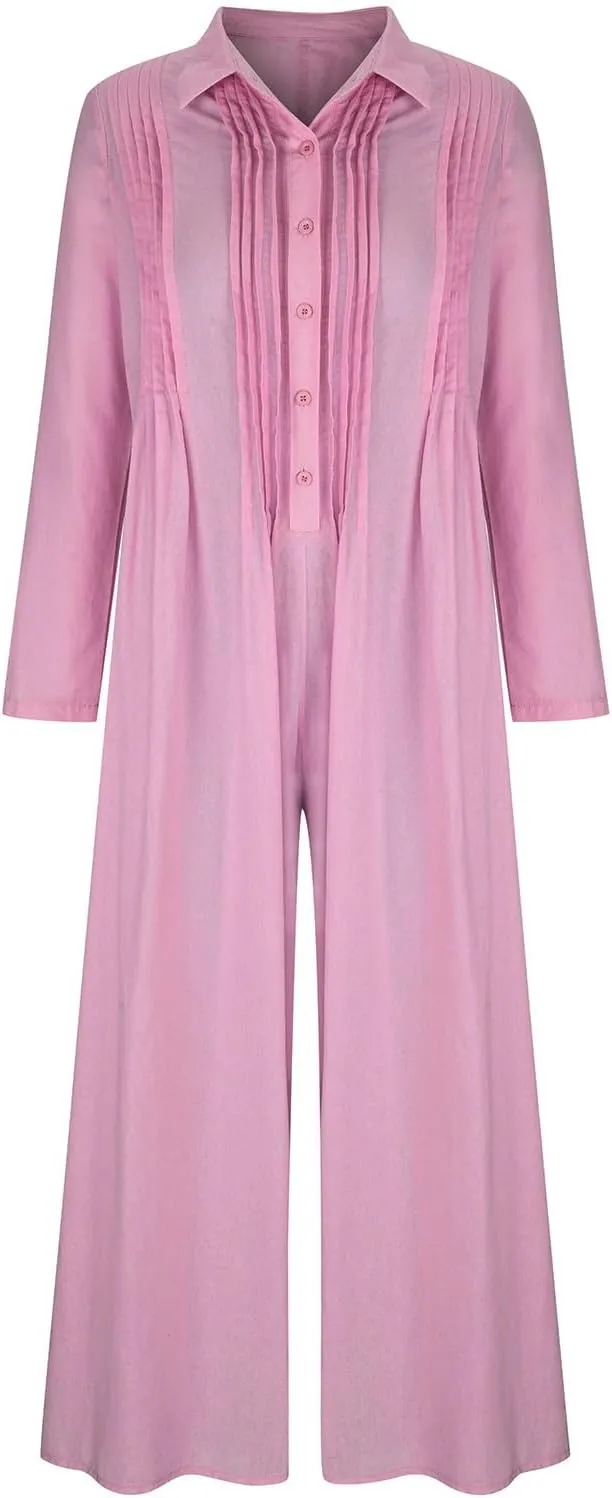 HGps8w Women's Wide Leg Linen Jumpsuits 2025 Fall Long Sleeve Button Front Plus Size Casual Solid Rompers with Pockets