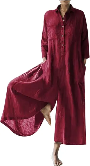 HGps8w Women's Wide Leg Linen Jumpsuits 2025 Fall Long Sleeve Button Front Plus Size Casual Solid Rompers with Pockets