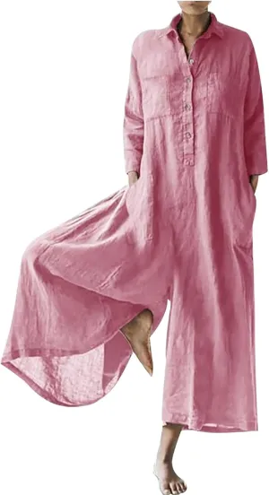 HGps8w Women's Wide Leg Linen Jumpsuits 2025 Fall Long Sleeve Button Front Plus Size Casual Solid Rompers with Pockets