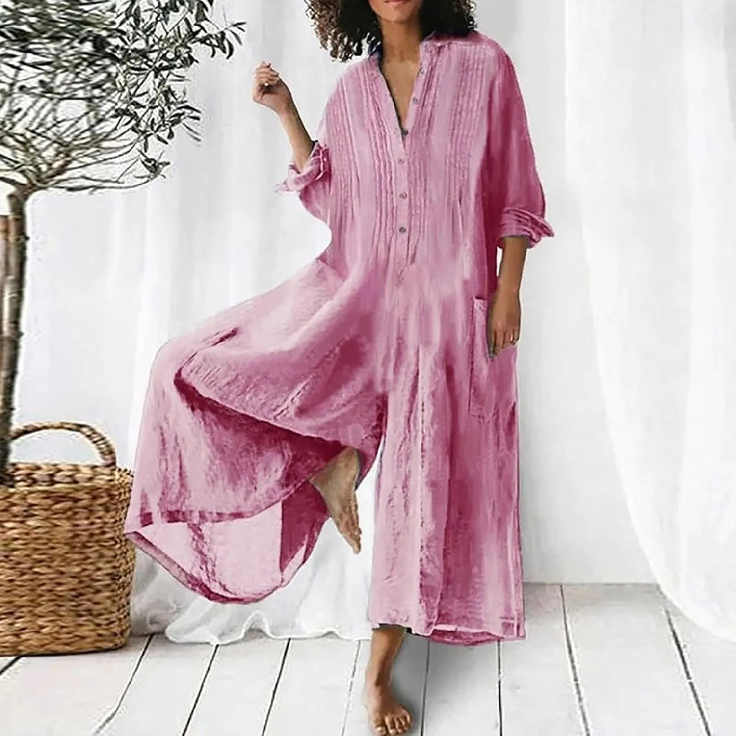 HGps8w Women's Wide Leg Linen Jumpsuits 2025 Fall Long Sleeve Button Front Plus Size Casual Solid Rompers with Pockets