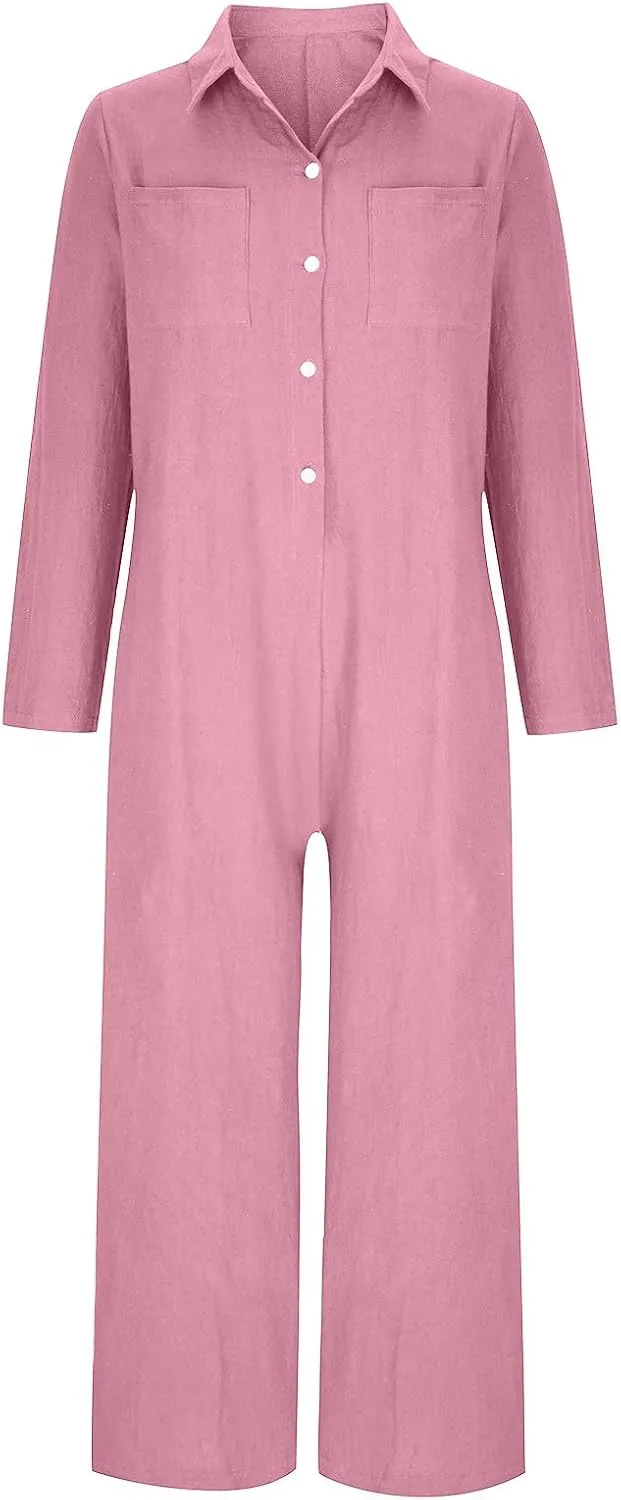 HGps8w Women's Wide Leg Linen Jumpsuits 2025 Fall Long Sleeve Button Front Plus Size Casual Solid Rompers with Pockets