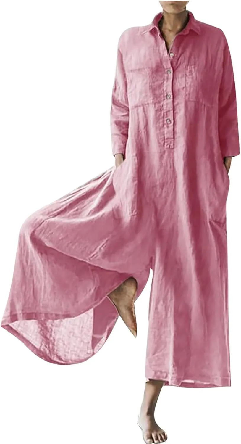 HGps8w Women's Wide Leg Linen Jumpsuits 2025 Fall Long Sleeve Button Front Plus Size Casual Solid Rompers with Pockets