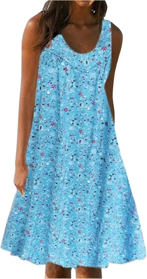 Holiday Dresses for Women 2025 Trendy Floar Print Vacation Sundress Casual Sleeveless Smocked Flowy Hawaii Dress