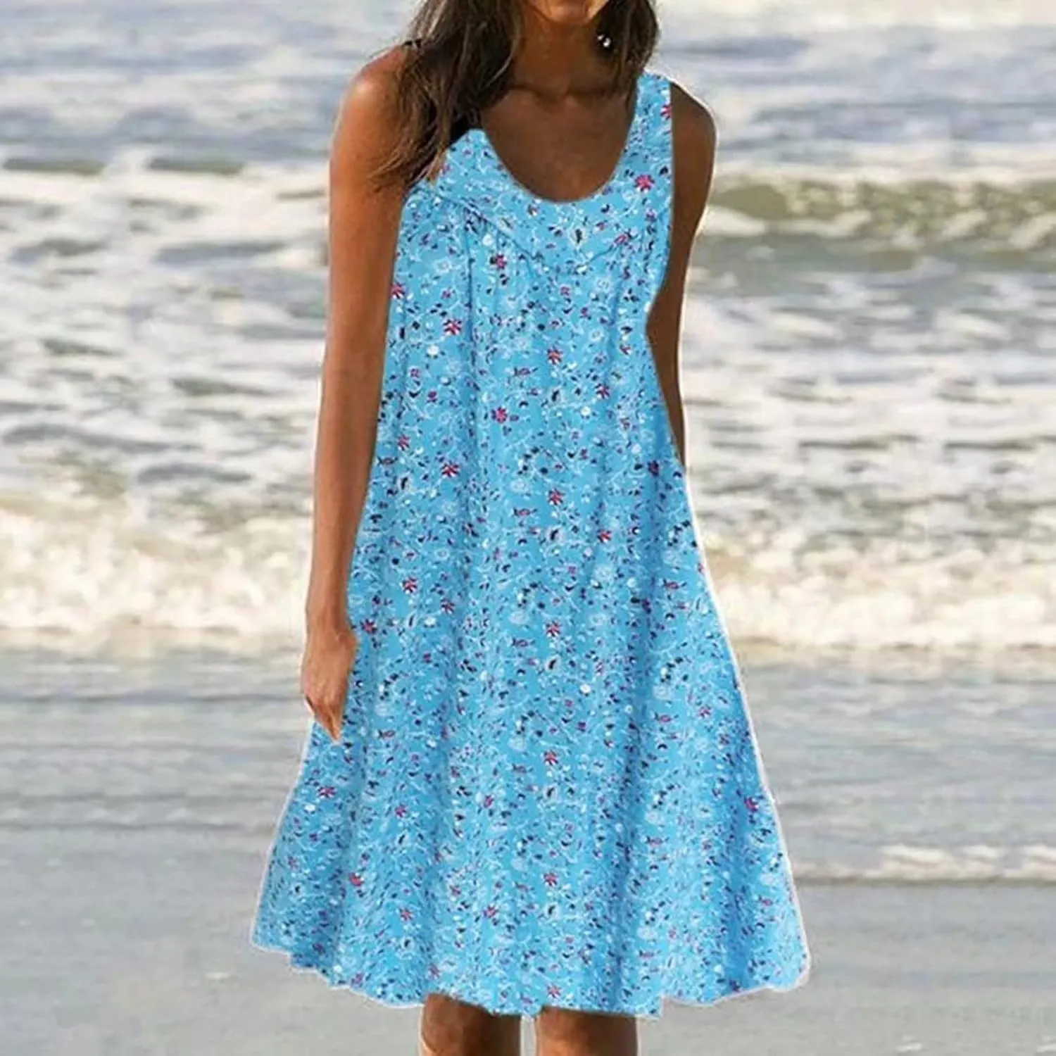 Holiday Dresses for Women 2025 Trendy Floar Print Vacation Sundress Casual Sleeveless Smocked Flowy Hawaii Dress