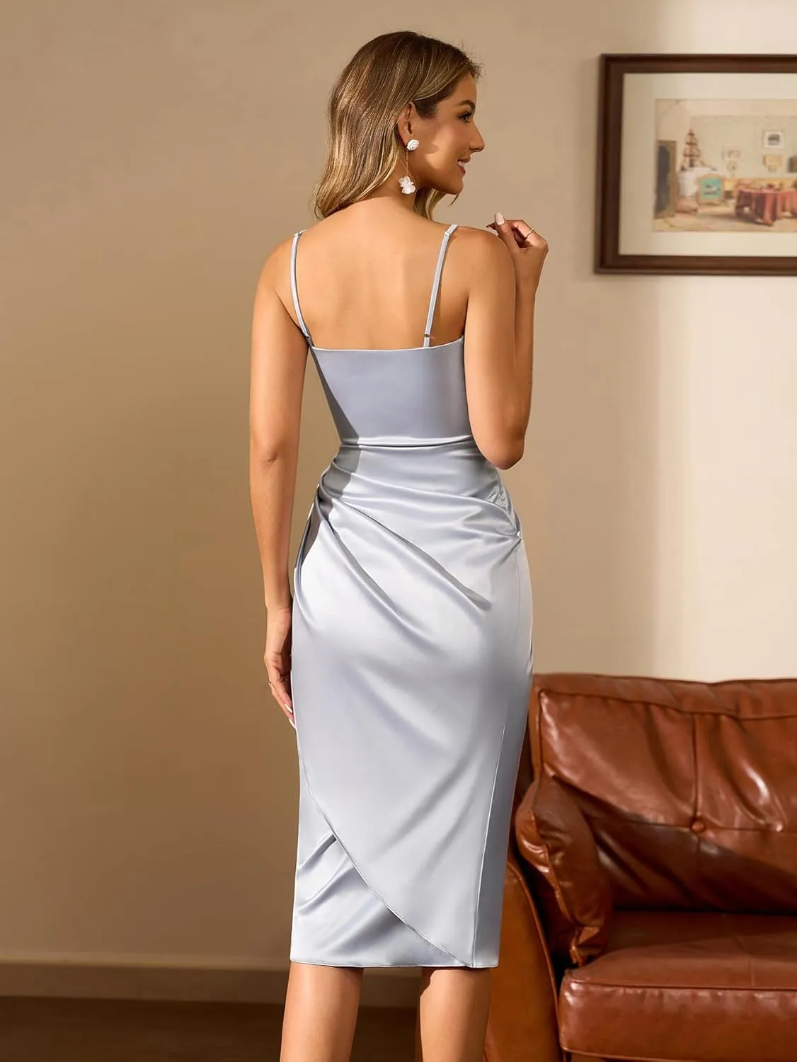 HTZMO Women's Satin Slip Dress Cowl Neck Backless Ruched Bodycon Sexy Club Midi Dresses