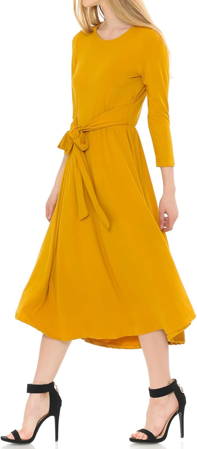 iconic luxe Women's A-Line Midi Dress with Waist Tie Formal Casual