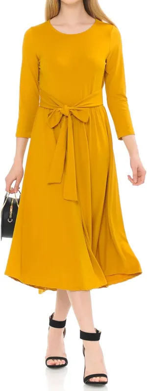 iconic luxe Women's A-Line Midi Dress with Waist Tie Formal Casual