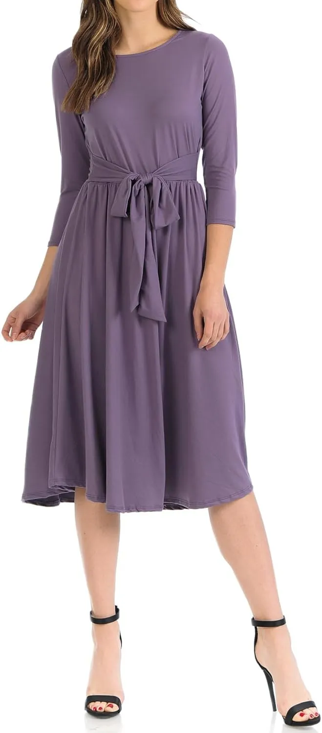iconic luxe Women's A-Line Midi Dress with Waist Tie Formal Casual