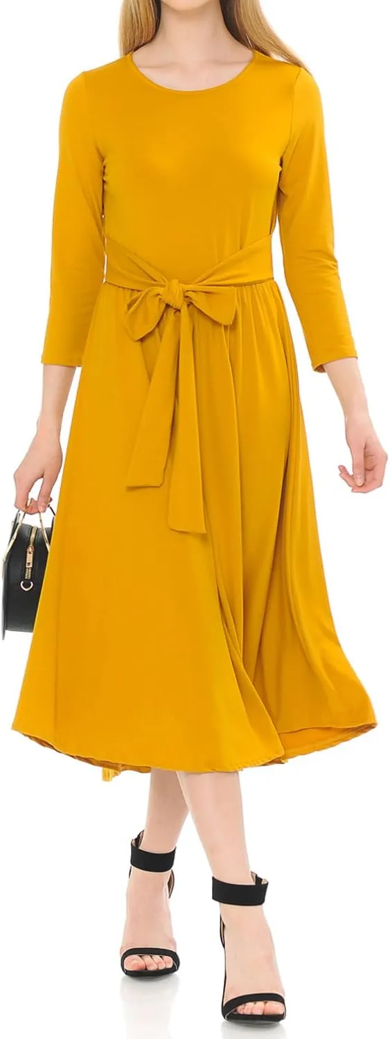 iconic luxe Women's A-Line Midi Dress with Waist Tie Formal Casual
