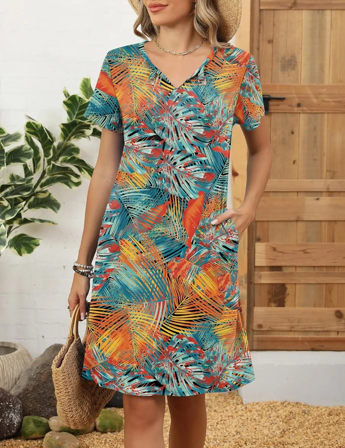 Ivicoer Summer Dresses for Women 2025 Short Sleeve Dress A-Line Mini Dress with Pockets