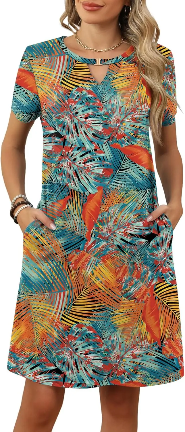 Ivicoer Summer Dresses for Women 2025 Short Sleeve Dress A-Line Mini Dress with Pockets