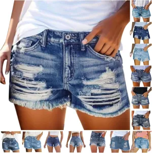 Jean Shorts Womens Stretchy High Waisted Ripped Shorts with Pockets Trendy Distressed Cuffed Hem Denim Hot Shorts