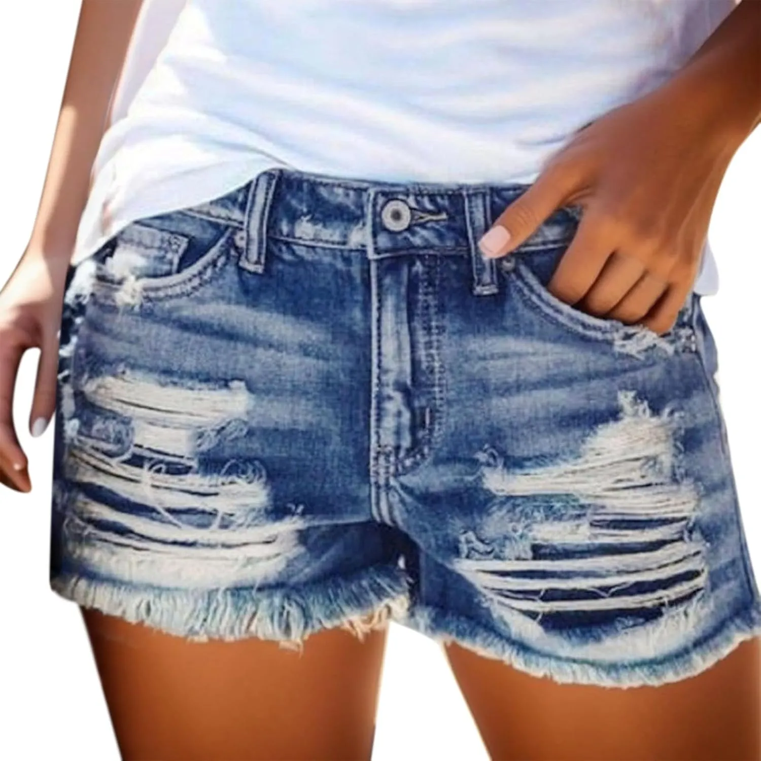 Jean Shorts Womens Stretchy High Waisted Ripped Shorts with Pockets Trendy Distressed Cuffed Hem Denim Hot Shorts