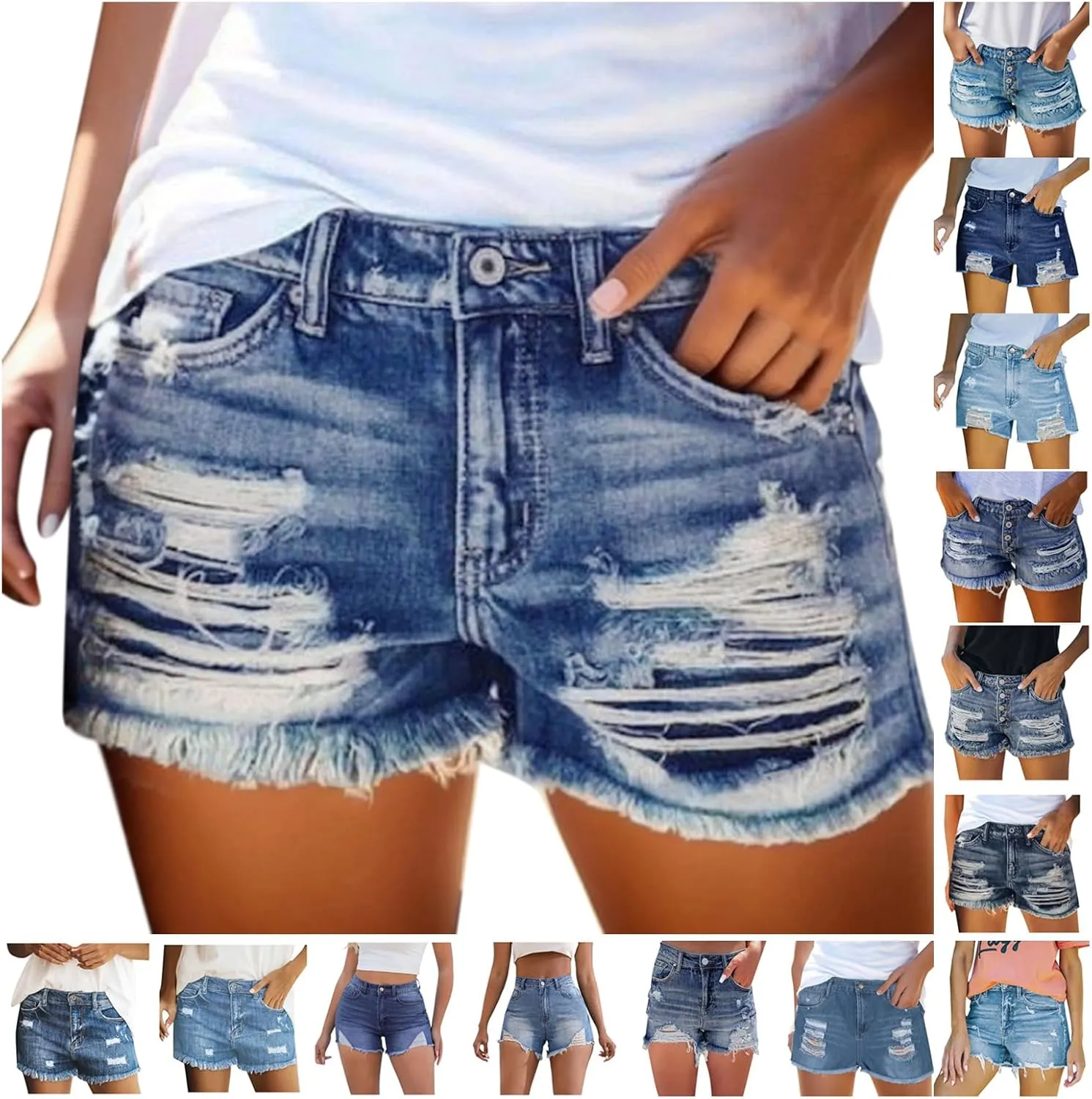 Jean Shorts Womens Stretchy High Waisted Ripped Shorts with Pockets Trendy Distressed Cuffed Hem Denim Hot Shorts