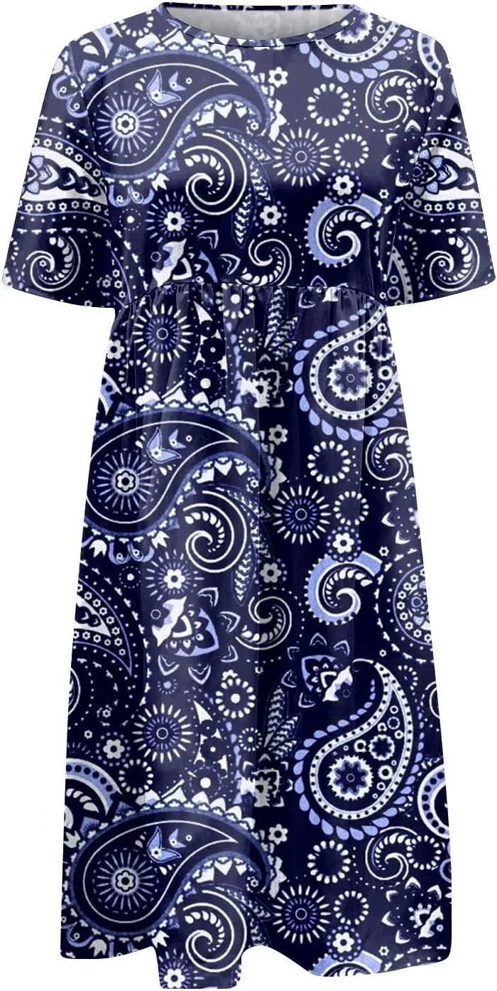 JJHAEVDY Dresses for Women Short Sleeve Crewneck Midi Dress High Waist Printed Dresses Loose Boho Dress Flowy Summer Dresses