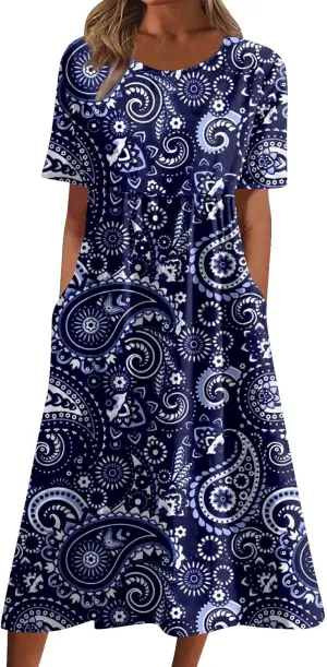 JJHAEVDY Dresses for Women Short Sleeve Crewneck Midi Dress High Waist Printed Dresses Loose Boho Dress Flowy Summer Dresses