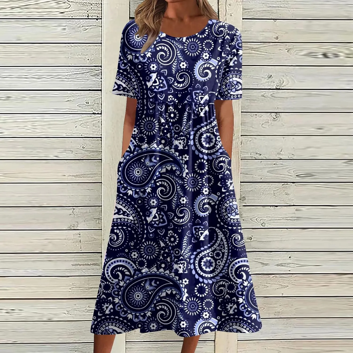JJHAEVDY Dresses for Women Short Sleeve Crewneck Midi Dress High Waist Printed Dresses Loose Boho Dress Flowy Summer Dresses