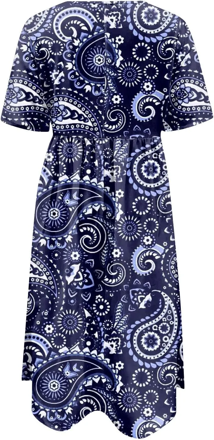 JJHAEVDY Dresses for Women Short Sleeve Crewneck Midi Dress High Waist Printed Dresses Loose Boho Dress Flowy Summer Dresses