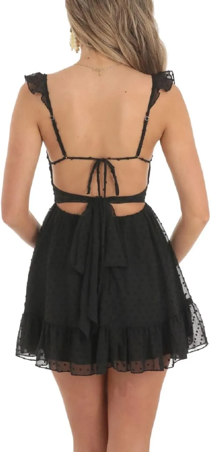 Juakoso Women's Rhinestone Spaghetti Strap Dress Ruffle A Line Cami Dress Tiered Flowy Mini Dress Clubwear