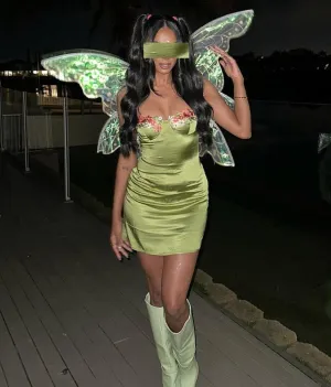 Juakoso Women's Rhinestone Spaghetti Strap Dress Ruffle A Line Cami Dress Tiered Flowy Mini Dress Clubwear