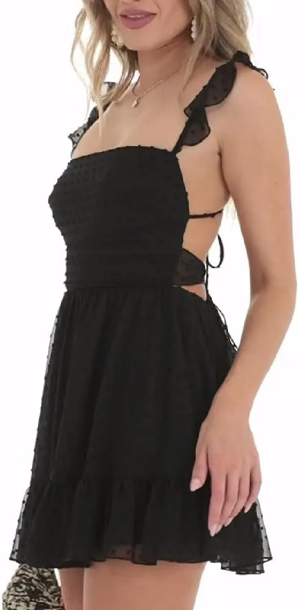 Juakoso Women's Rhinestone Spaghetti Strap Dress Ruffle A Line Cami Dress Tiered Flowy Mini Dress Clubwear