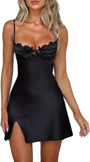 Juakoso Women's Rhinestone Spaghetti Strap Dress Ruffle A Line Cami Dress Tiered Flowy Mini Dress Clubwear