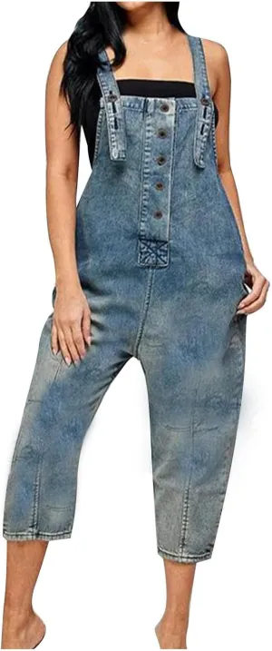 Jumpsuits for Women Denim Overalls Baggy Vintage Floral Bib Pants Wide Leg Harem Pants Jeans Button Romper with Pocket