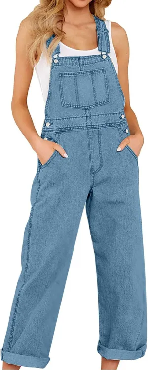 Jumpsuits for Women Denim Overalls Baggy Vintage Floral Bib Pants Wide Leg Harem Pants Jeans Button Romper with Pocket
