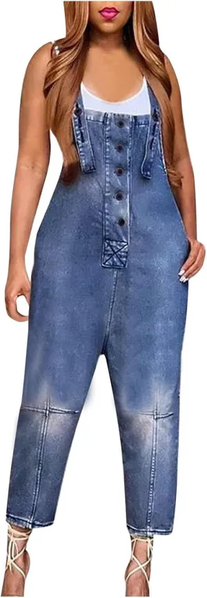 Jumpsuits for Women Denim Overalls Baggy Vintage Floral Bib Pants Wide Leg Harem Pants Jeans Button Romper with Pocket