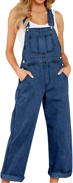 Jumpsuits for Women Denim Overalls Baggy Vintage Floral Bib Pants Wide Leg Harem Pants Jeans Button Romper with Pocket