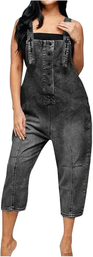 Jumpsuits for Women Denim Overalls Baggy Vintage Floral Bib Pants Wide Leg Harem Pants Jeans Button Romper with Pocket