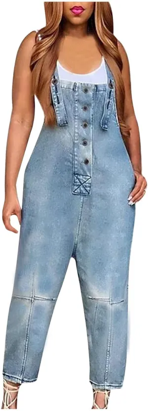 Jumpsuits for Women Denim Overalls Baggy Vintage Floral Bib Pants Wide Leg Harem Pants Jeans Button Romper with Pocket
