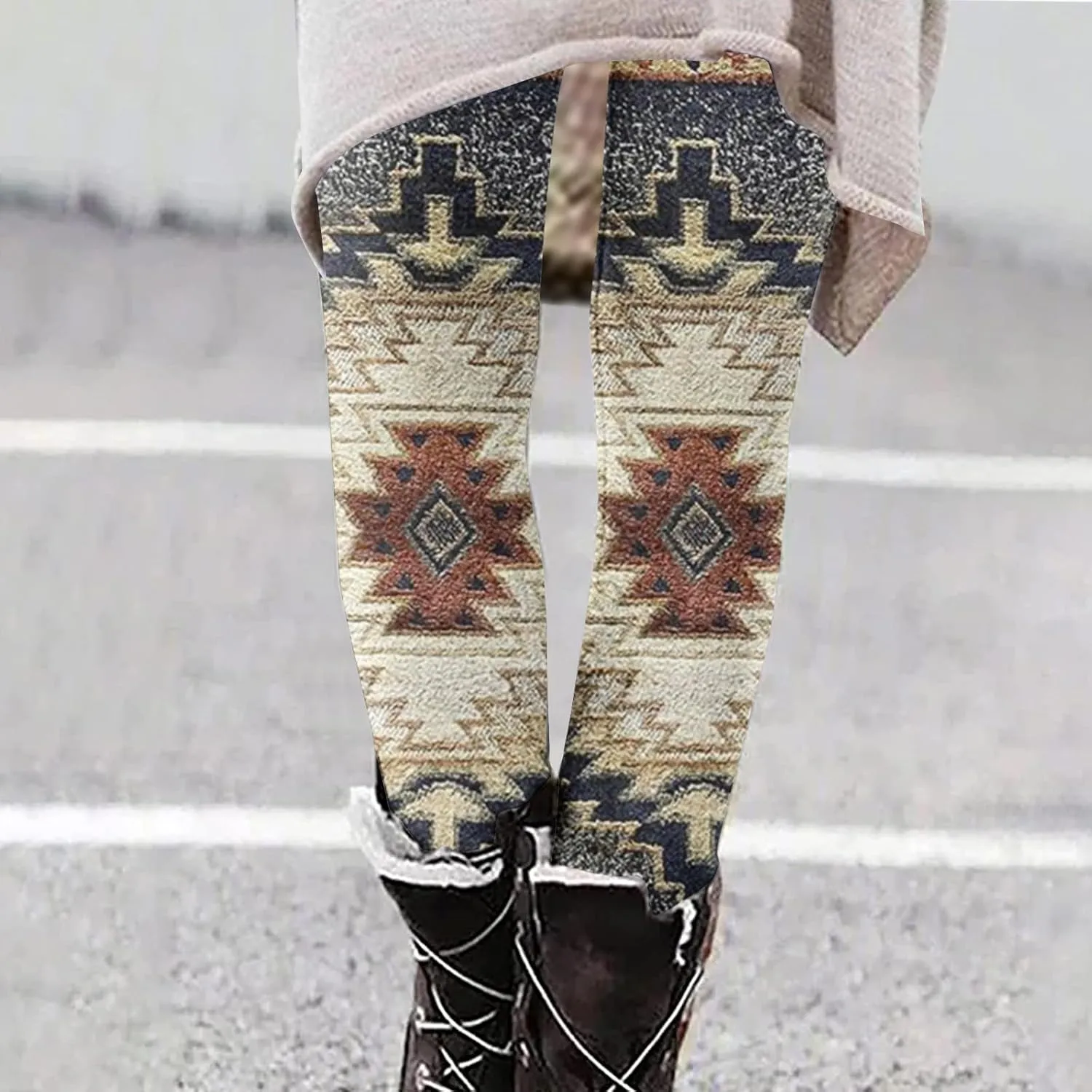LAWOR Womens Fleece Leggings Denim Printed Casual Boot Leggings Warm High Waisted Fall Winter Pants Trendy Tight Pants