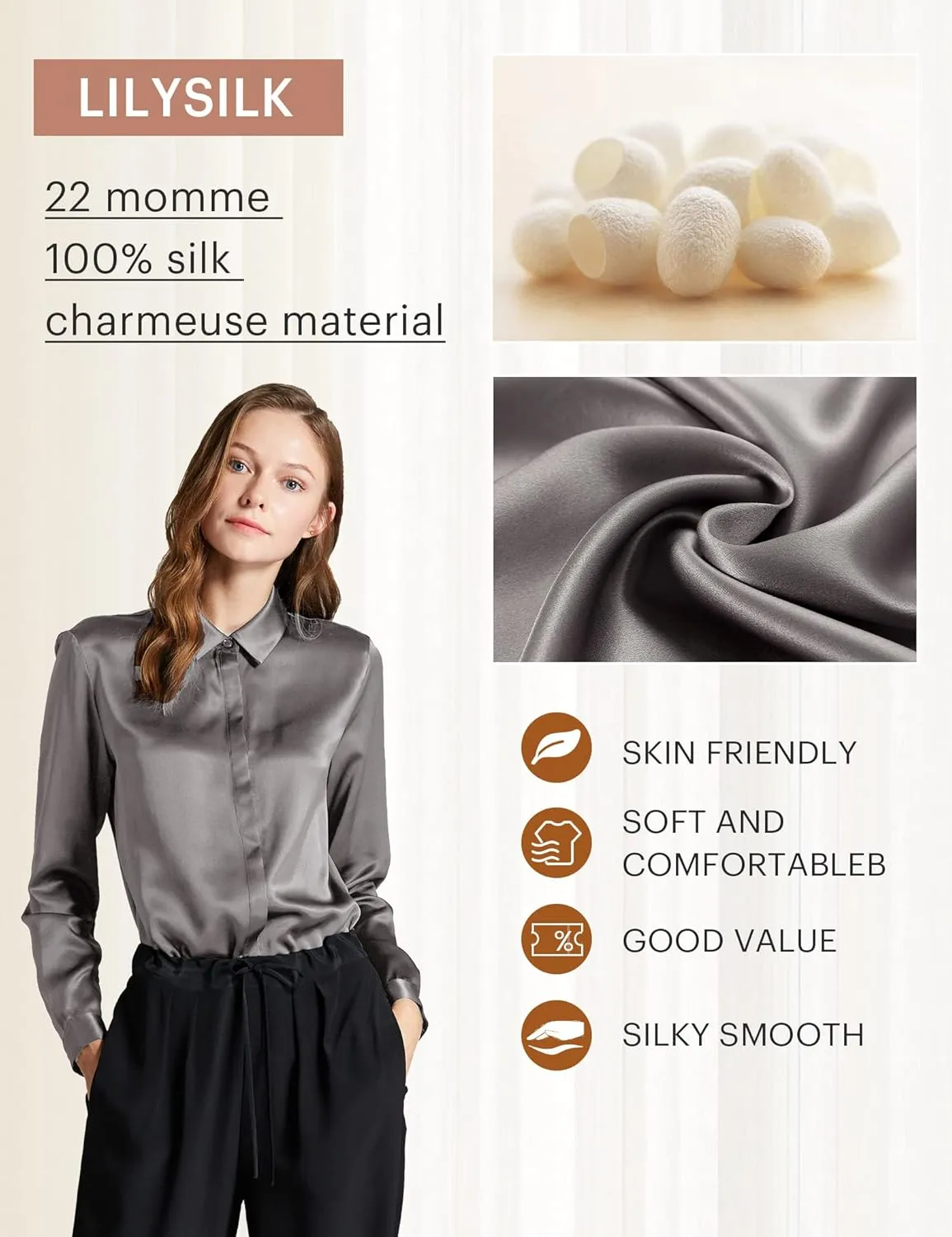 LilySilk Silk Blouse for Women 100% Pure Silk Long Sleeves Cool Smooth Tops