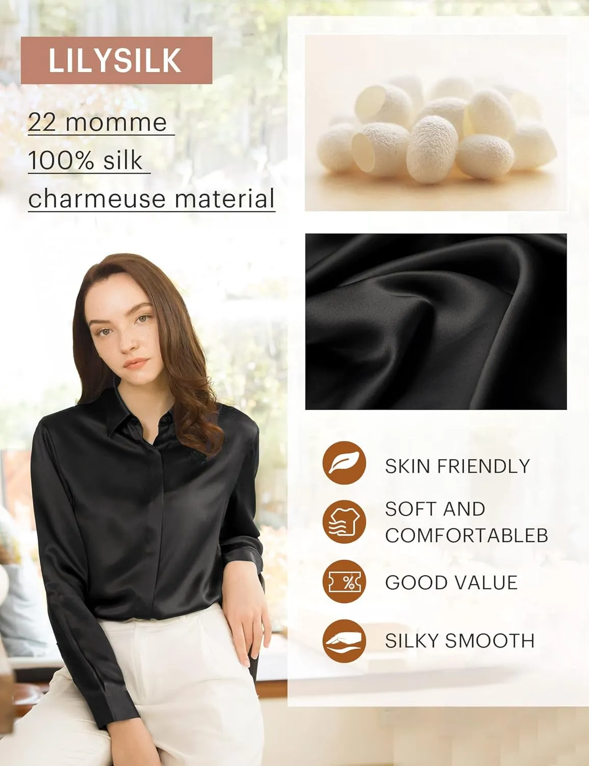 LilySilk Silk Blouse for Women 100% Pure Silk Long Sleeves Cool Smooth Tops