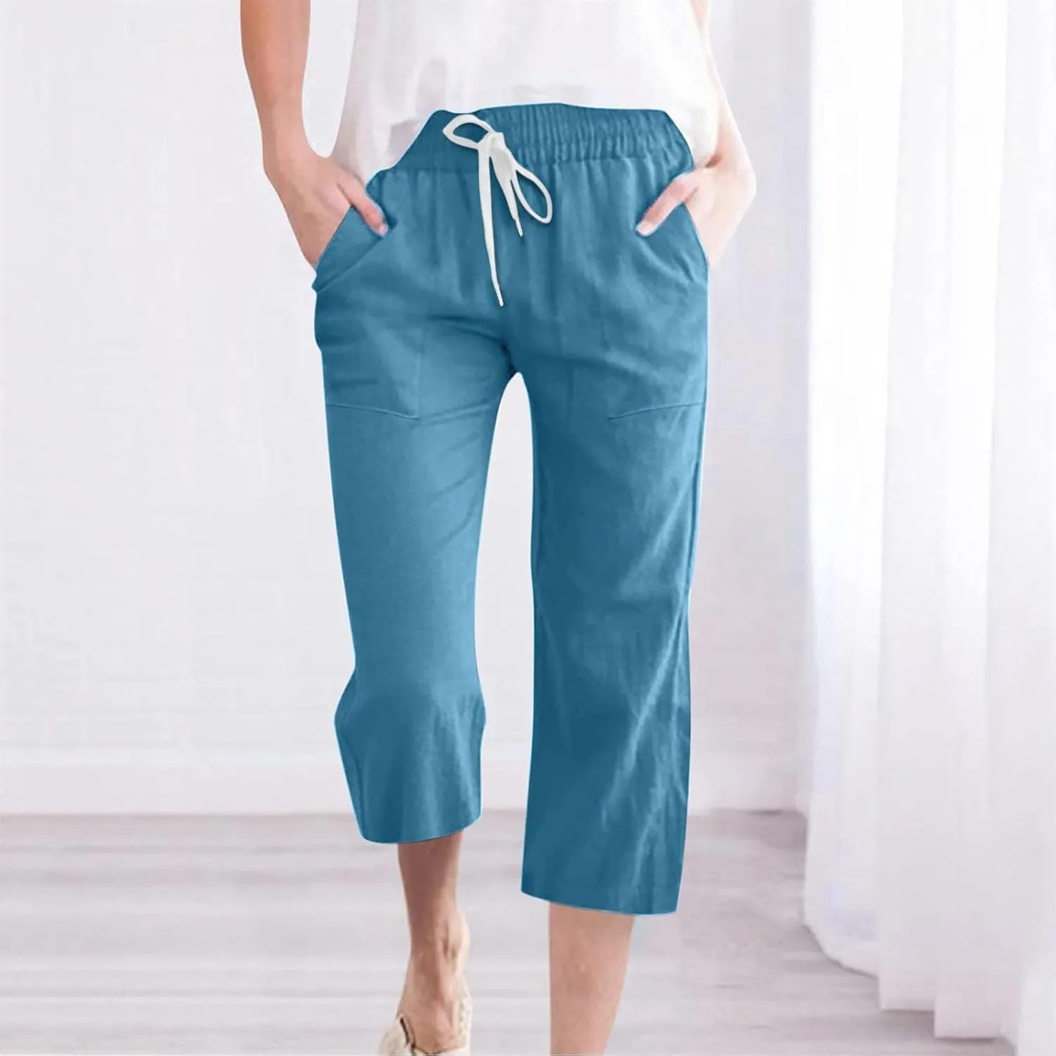 Linen Capri Pants for Women Casual Summer Capris Drawstring High Waist Pants Wide Leg Cropped Trousers