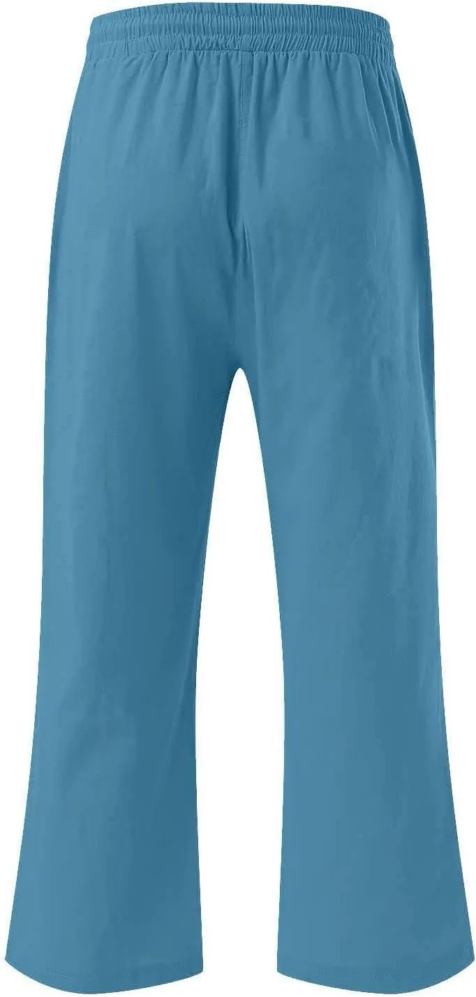 Linen Capri Pants for Women Casual Summer Capris Drawstring High Waist Pants Wide Leg Cropped Trousers