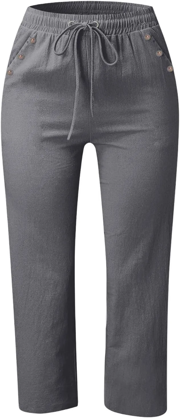 Linen Capri Pants for Women Casual Summer Capris Drawstring High Waist Pants Wide Leg Cropped Trousers