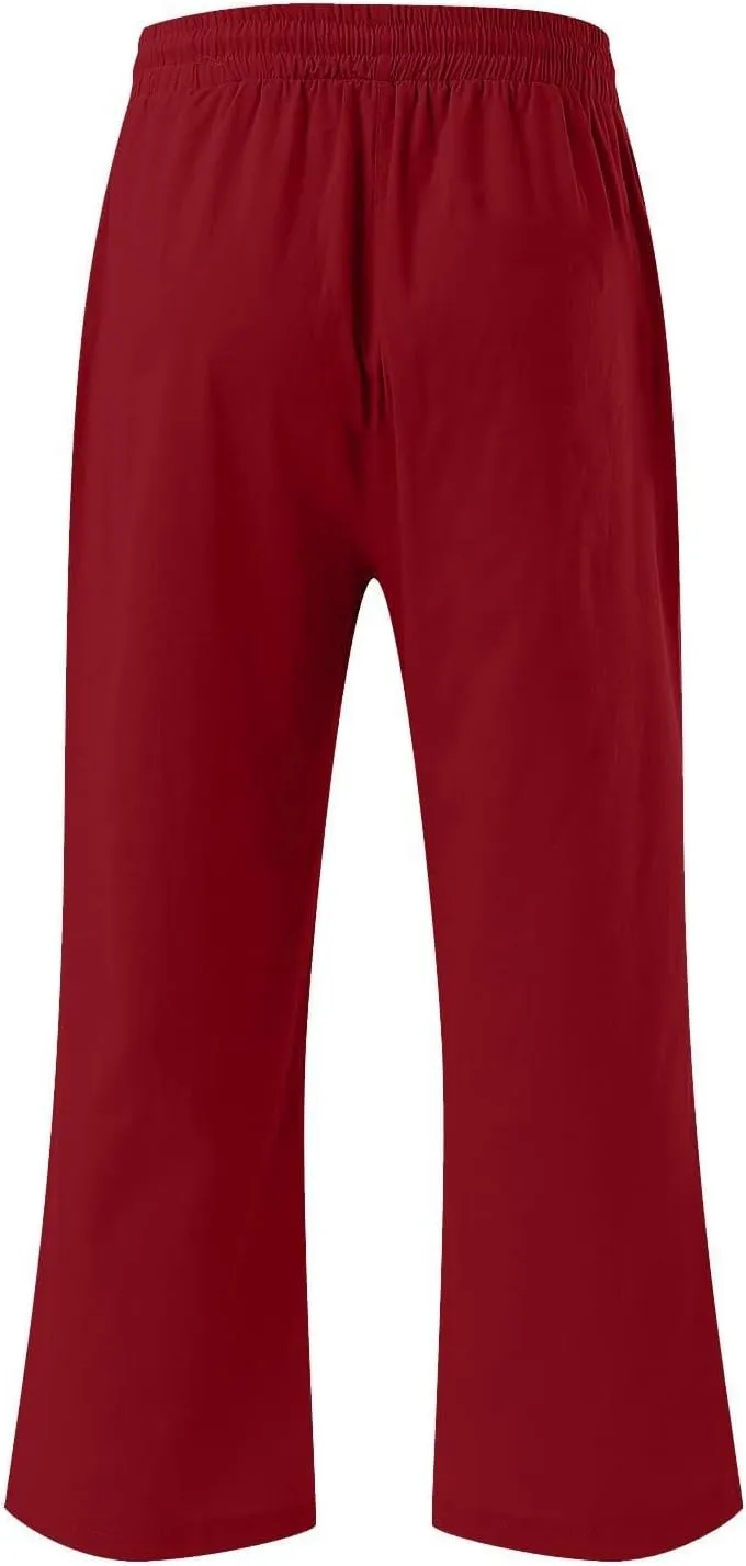 Linen Capri Pants for Women Casual Summer Capris Drawstring High Waist Pants Wide Leg Cropped Trousers
