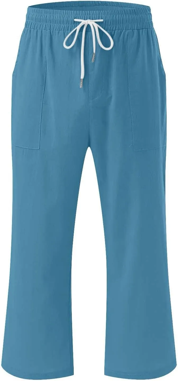 Linen Capri Pants for Women Casual Summer Capris Drawstring High Waist Pants Wide Leg Cropped Trousers