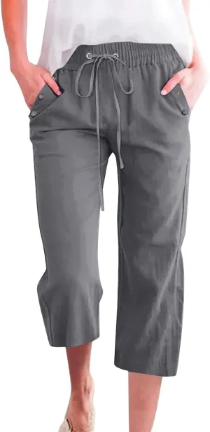 Linen Capri Pants for Women Casual Summer Capris Drawstring High Waist Pants Wide Leg Cropped Trousers