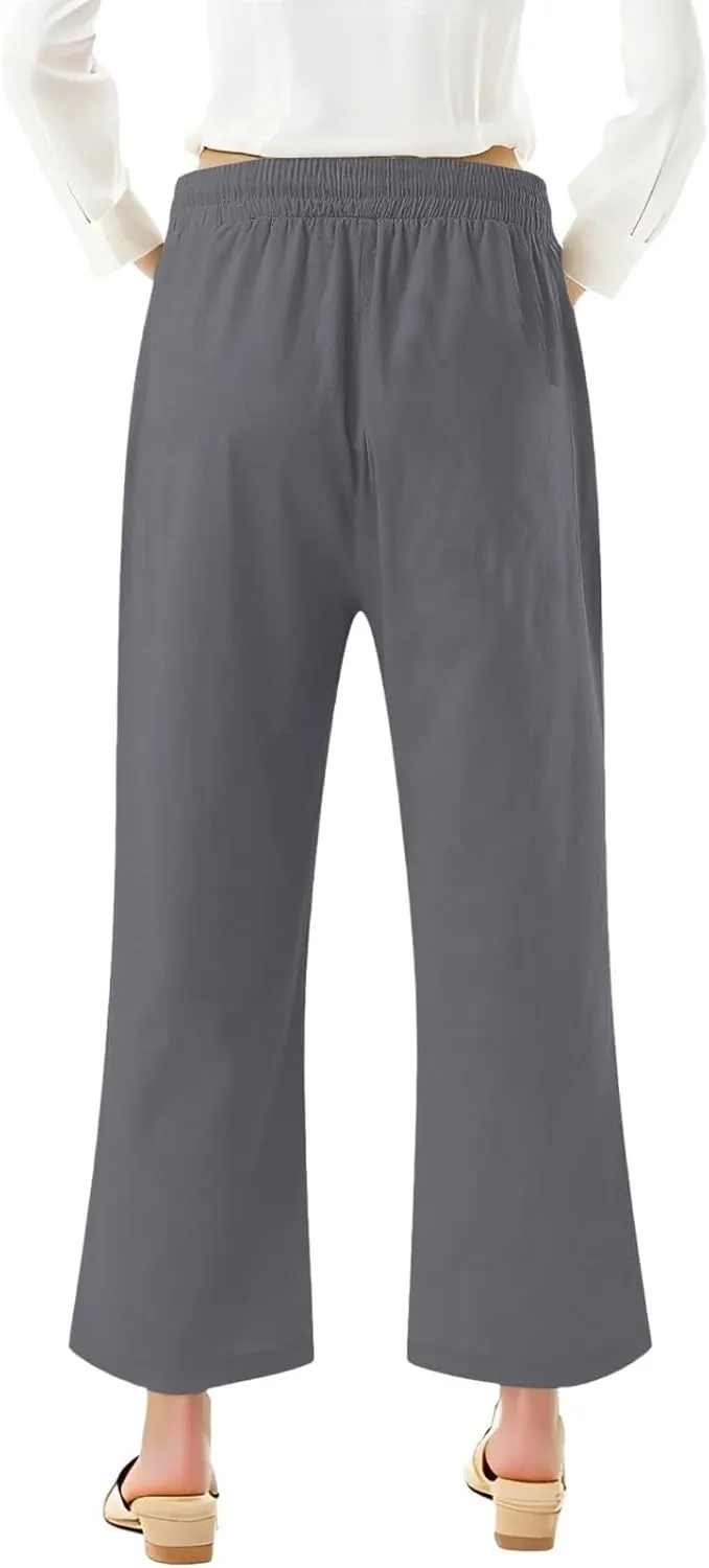 Linen Capri Pants for Women Casual Summer Capris Drawstring High Waist Pants Wide Leg Cropped Trousers
